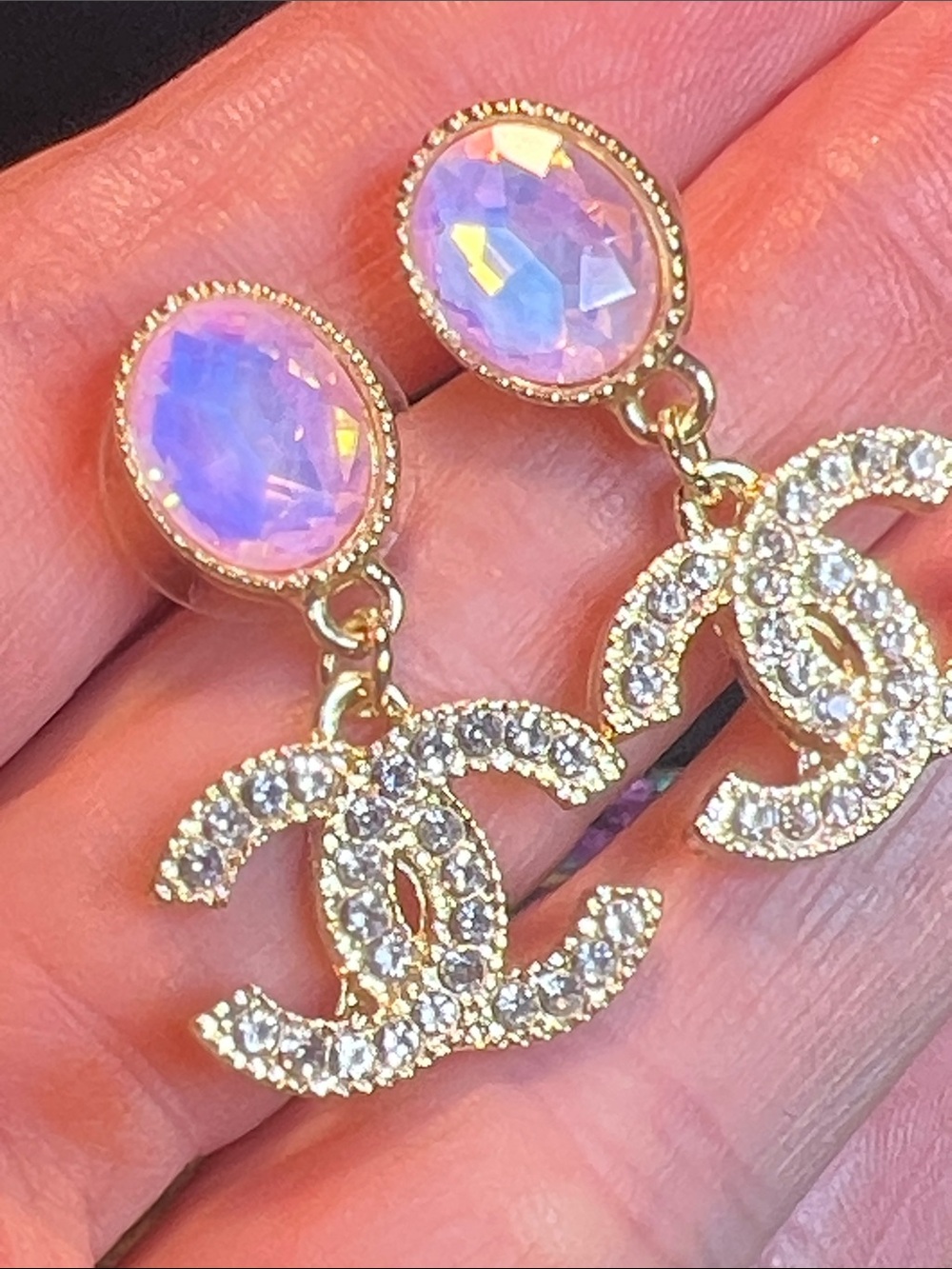 Gold with Pink Iridescent Crystal Drop Earrings - Nice and Lite Weight.